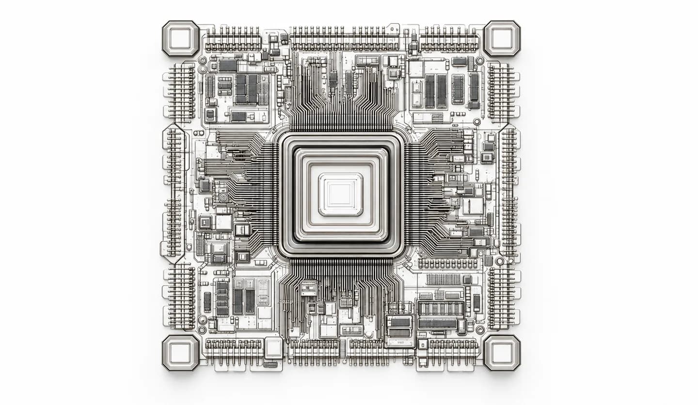 A silver AI processor with intricate circuitry on a white background