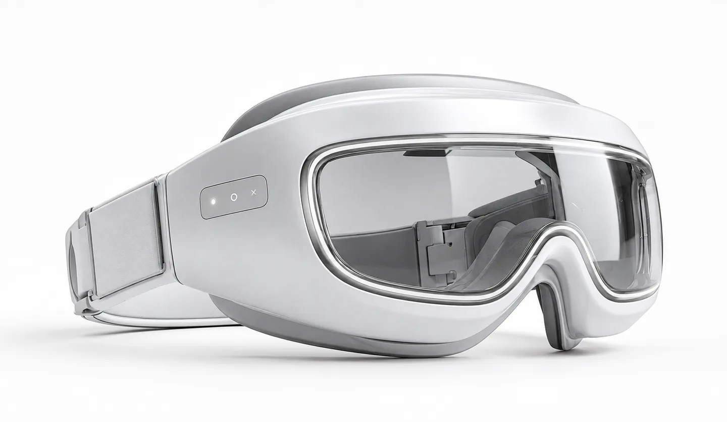 A silver smart headset with a clear visor on a white background
