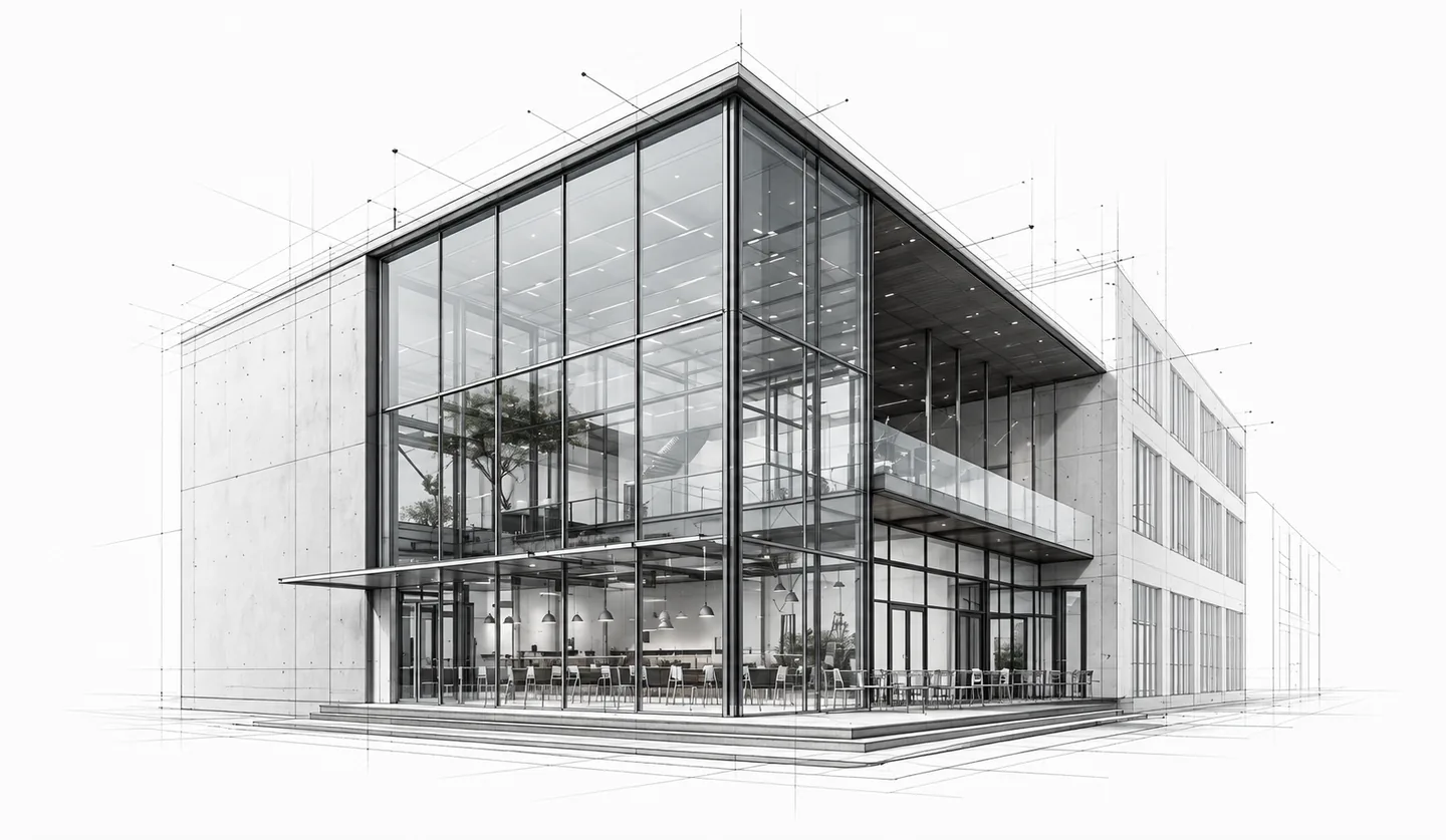 A contemporary glass building visualisation with fine technical lines on white