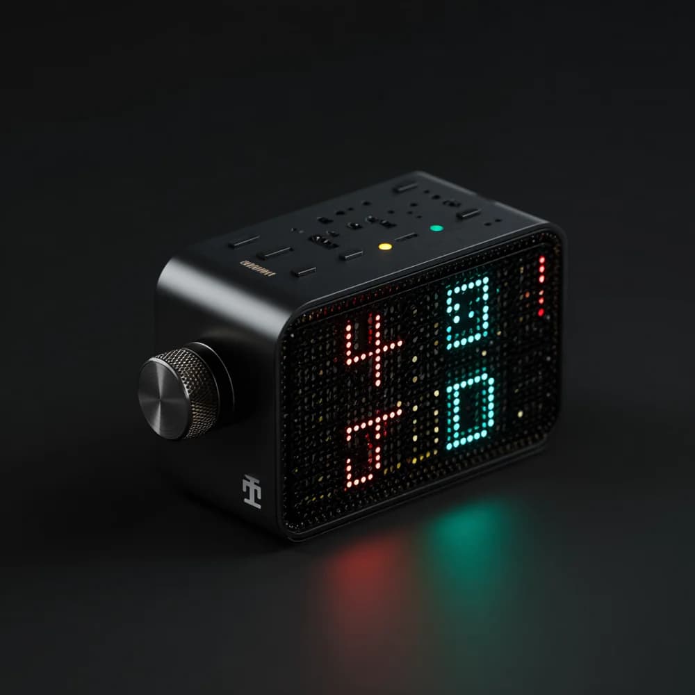 A compact black digital device with illuminated coloured digits